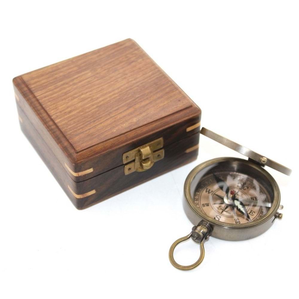 Dekoratif Ahşap Kutulu Pirinç Pusula (10 cm x 5 cm)