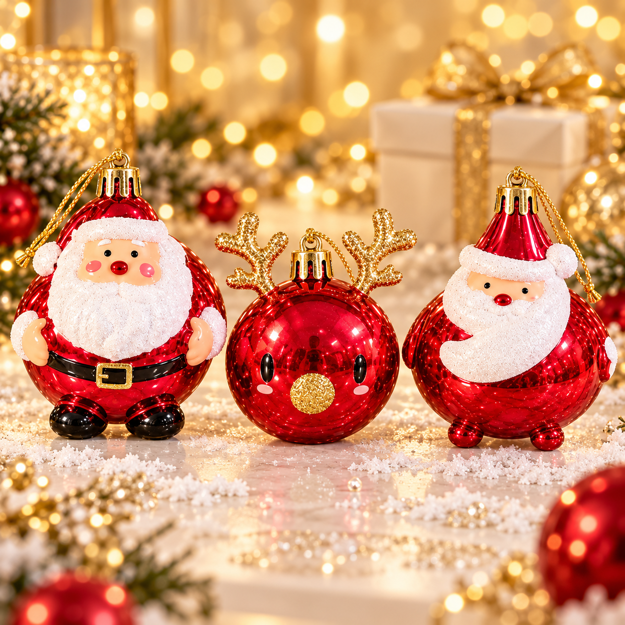 Noel Baba Ve Geyik Figürlü Kırmızı Yılbaşı Ağacı 3'lü Süs Seti