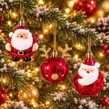 Noel Baba Ve Geyik Figürlü Kırmızı Yılbaşı Ağacı 3'lü Süs Seti