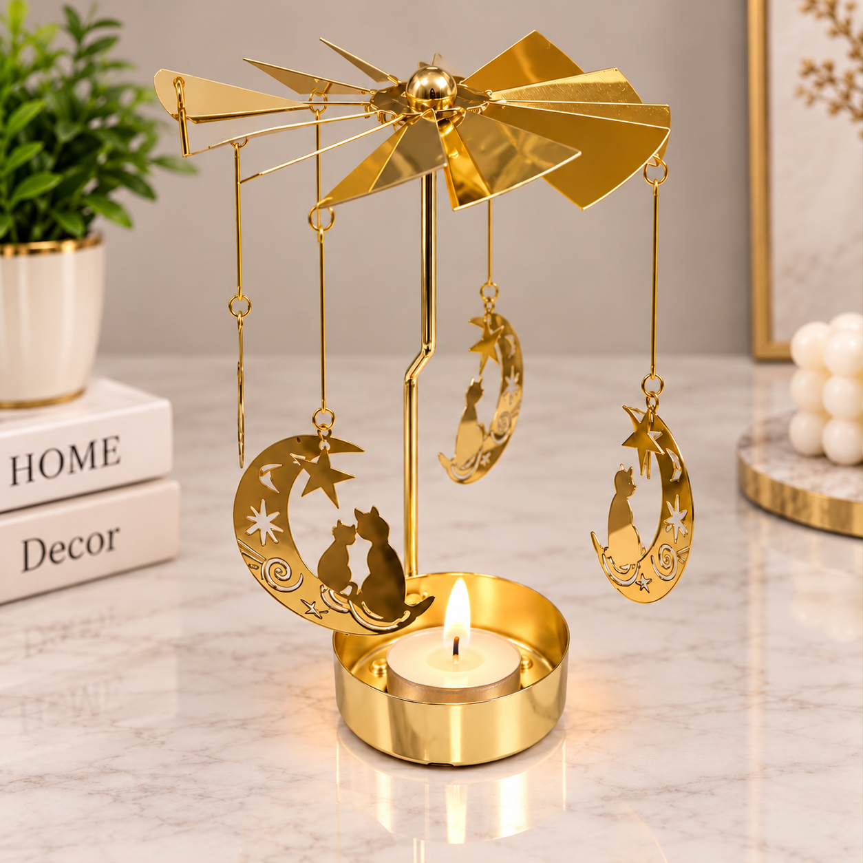 Isı İle Dönen Kedi Temalı Metal Tealight Mumluk
