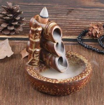 Üç Oluklu Kahverengi Dekoratif Seramik Geri Akış Tütsülük