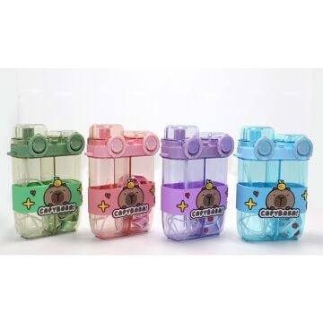 Capybara Desenli Kapaklı Pipetli Kapibara Matara Suluk Çift Bölmeli