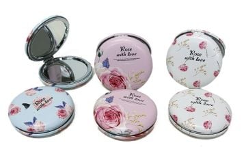 Rose Çiçek Tasarımlı Yuvarlak Mini Makyaj Aynası (12 Adet)