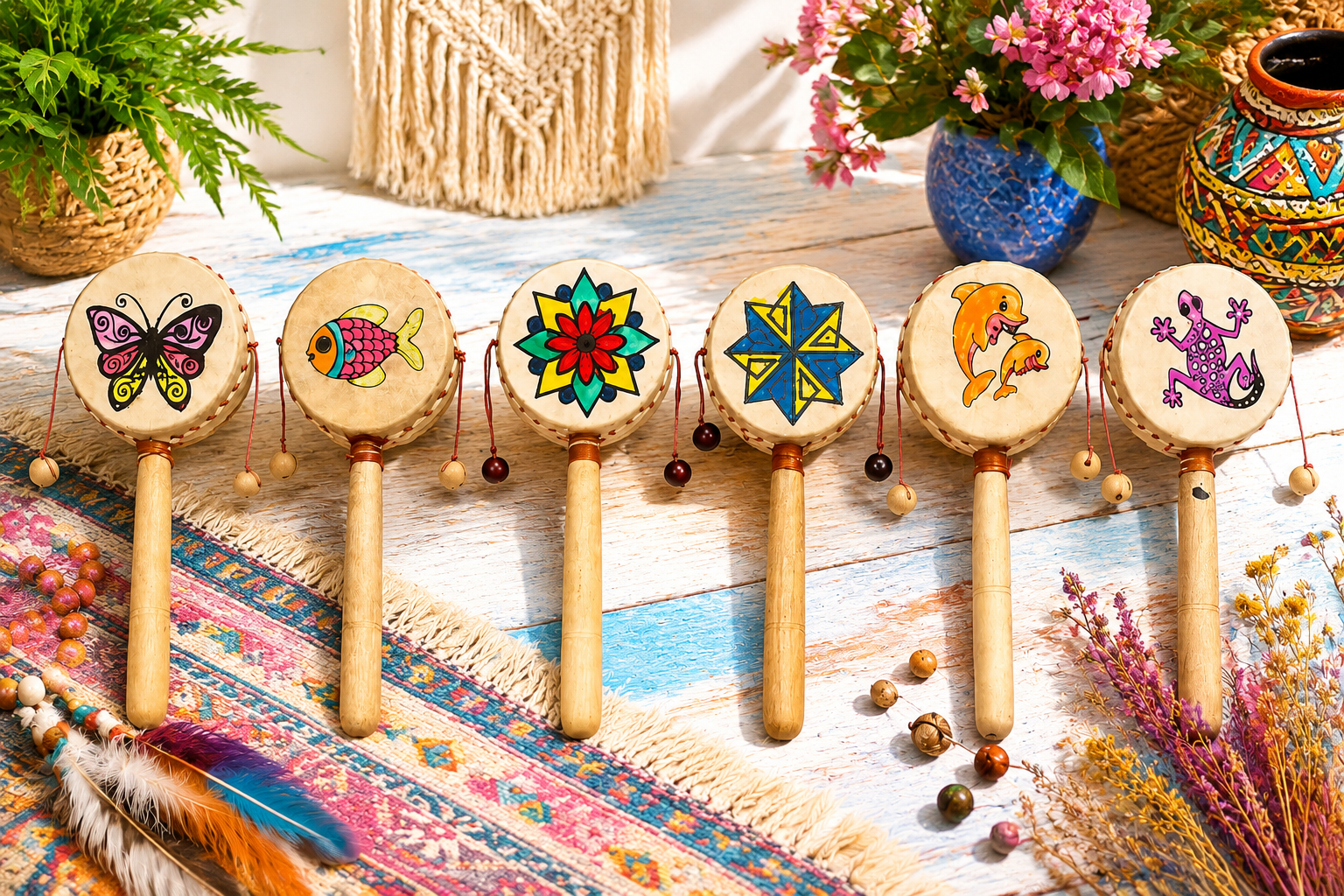 Renkli Şekilli Deri İpli Davul Tamtam (20 cm)