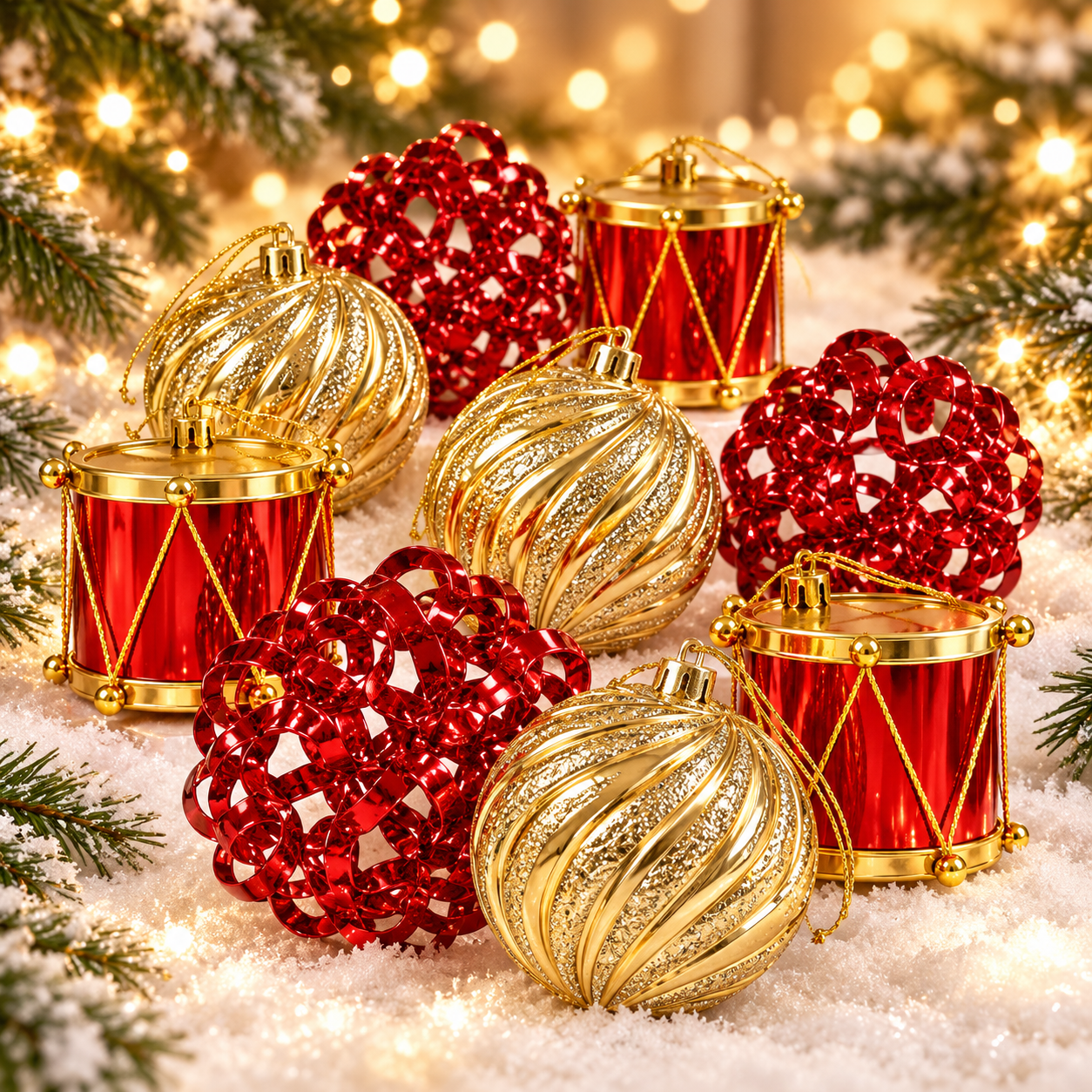 Merry Christmas Yazılı Davul Ve Noel Baba Figürlü 16'lı Yılbaşı Ağacı Süs Seti