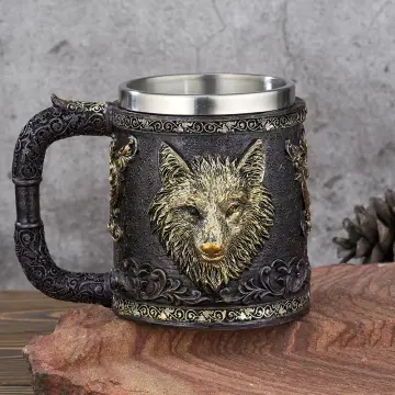 3D Kurt Kafası Tasarımlı 3 Boyutlu Çelik Kupa Bardak