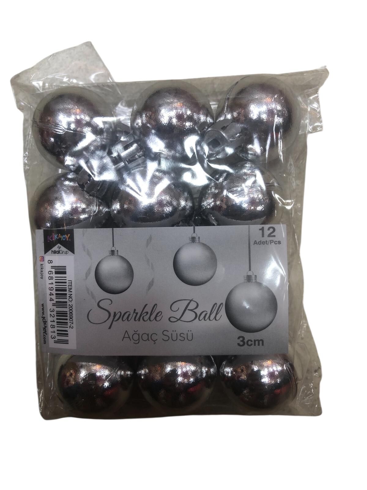 Gümüş Renkli Metalik Top Yılbaşı Çam Ağacı Süsü (3 cm x 12 Adet)