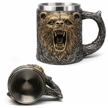 3D Kabartmalı Kurt Tasarımlı Çelik Kupa Bardak