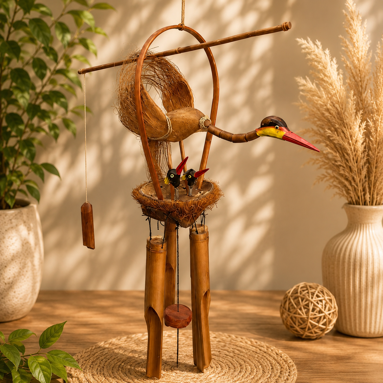 Dekoratif Bambu Dalda Leylek ve Yavruları Rüzgar Çan(90cm)