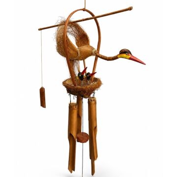 Dekoratif Bambu Dalda Leylek ve Yavruları Rüzgar Çan(90cm)