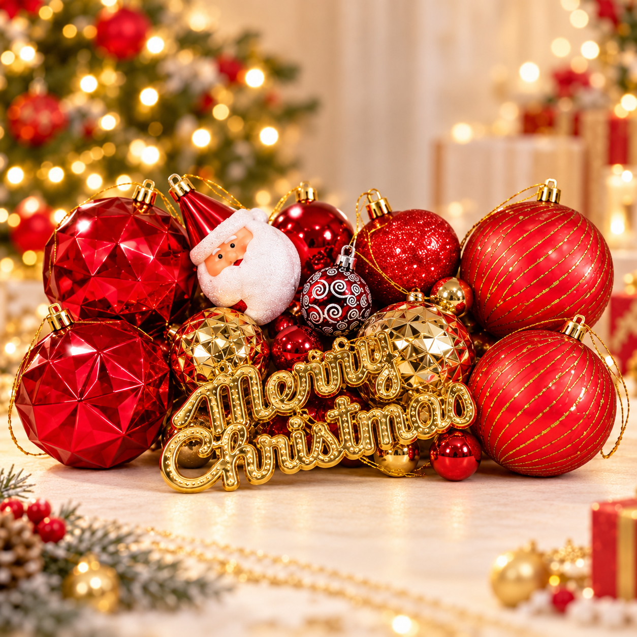 Çantalı Lüks Noel Baba Figürlü Ve 10'lu Yazılı Karışık Yılbaşı Ağacı Süsü Seti