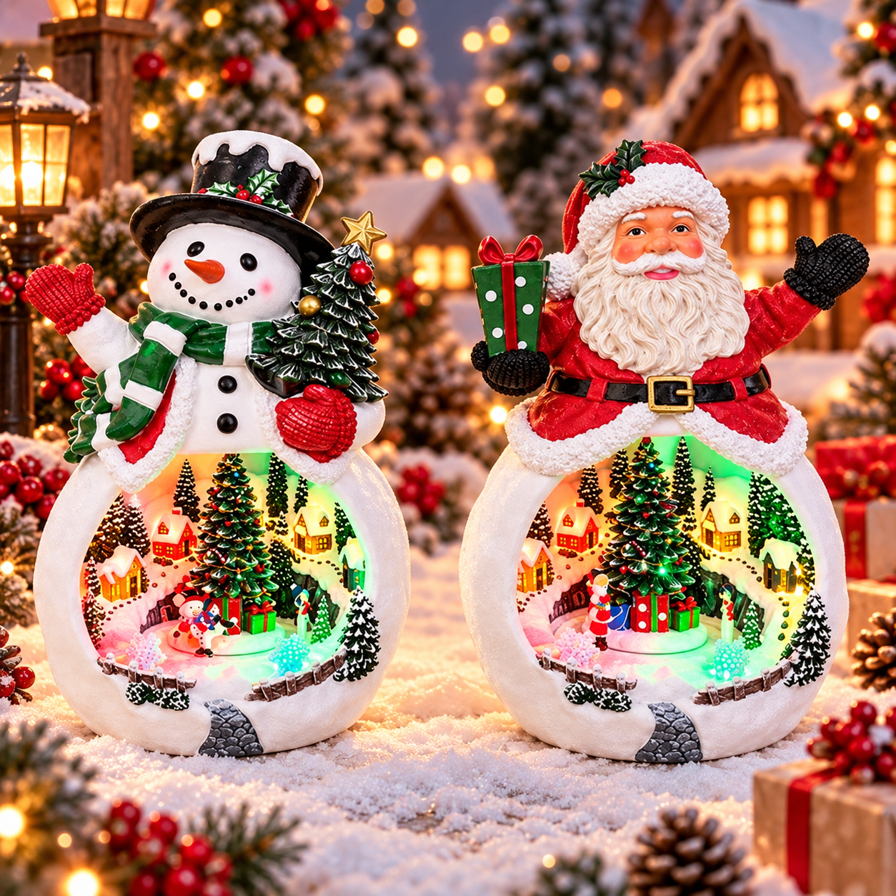 Işıklı Manzaralı Kardan Adam Ve Noel Baba Figürlü Dekoratif Yılbaşı Objesi