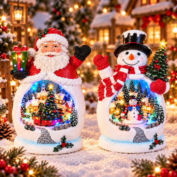 Işıklı İçten Manzaralı Noel Baba Ve Kardan Adam Figürlü Dekoratif Yılbaşı Objesi