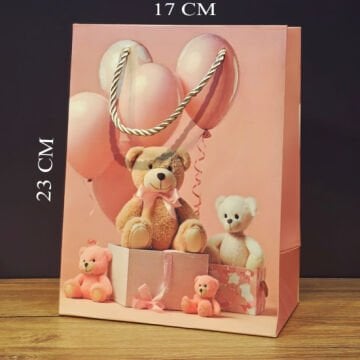 Pembe Ayıcıklı Tasarımlı Hediye Çantası (17 cm x 23 cm)