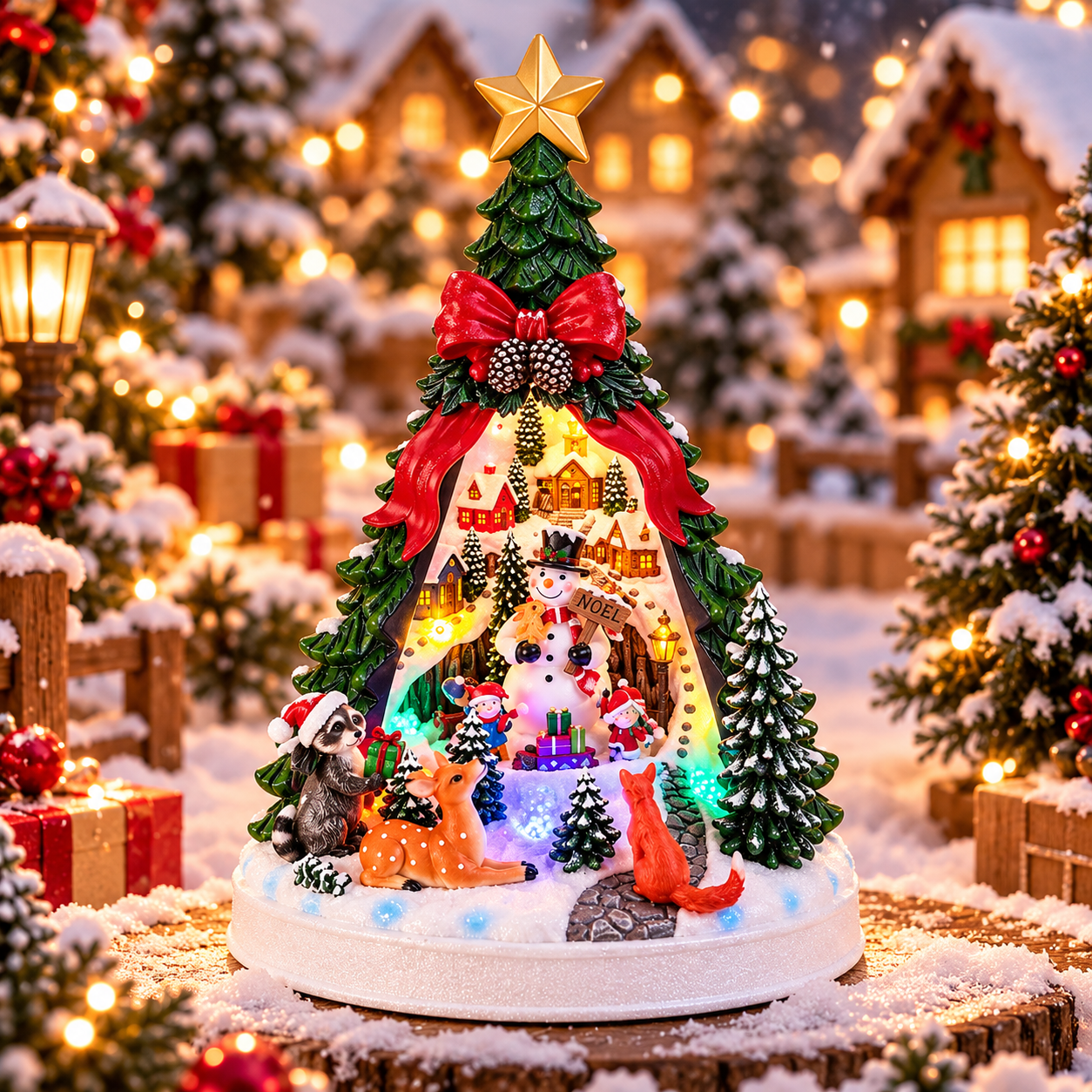 Müzikli Hareketli Ve Led Işıklı Noel Baba Kızaklı Yılbaşı Ağacı Ve Köyü Biblosu