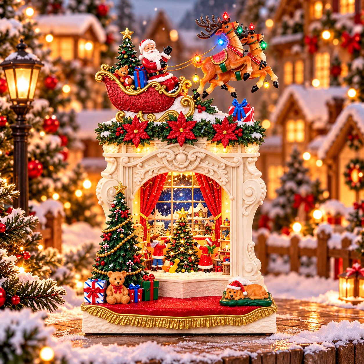 Müzikli Hareketli Ve Led Işıklı Noel Baba Ren Geyikli Şömine Yılbaşı Biblosu