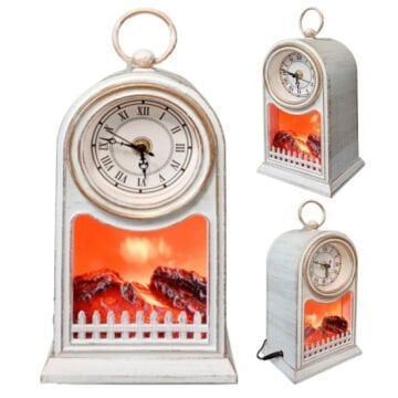 Dekoratif Alev Efektli Beyaz Şömine Masa Saati