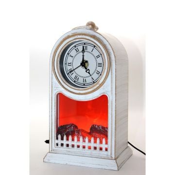 Dekoratif Alev Efektli Beyaz Şömine Masa Saati