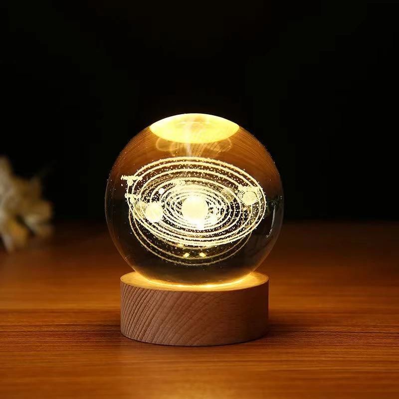 Dekoratif Gezegen Tasarımlı Ahşap Altlıklı Işıklı Cam Küre