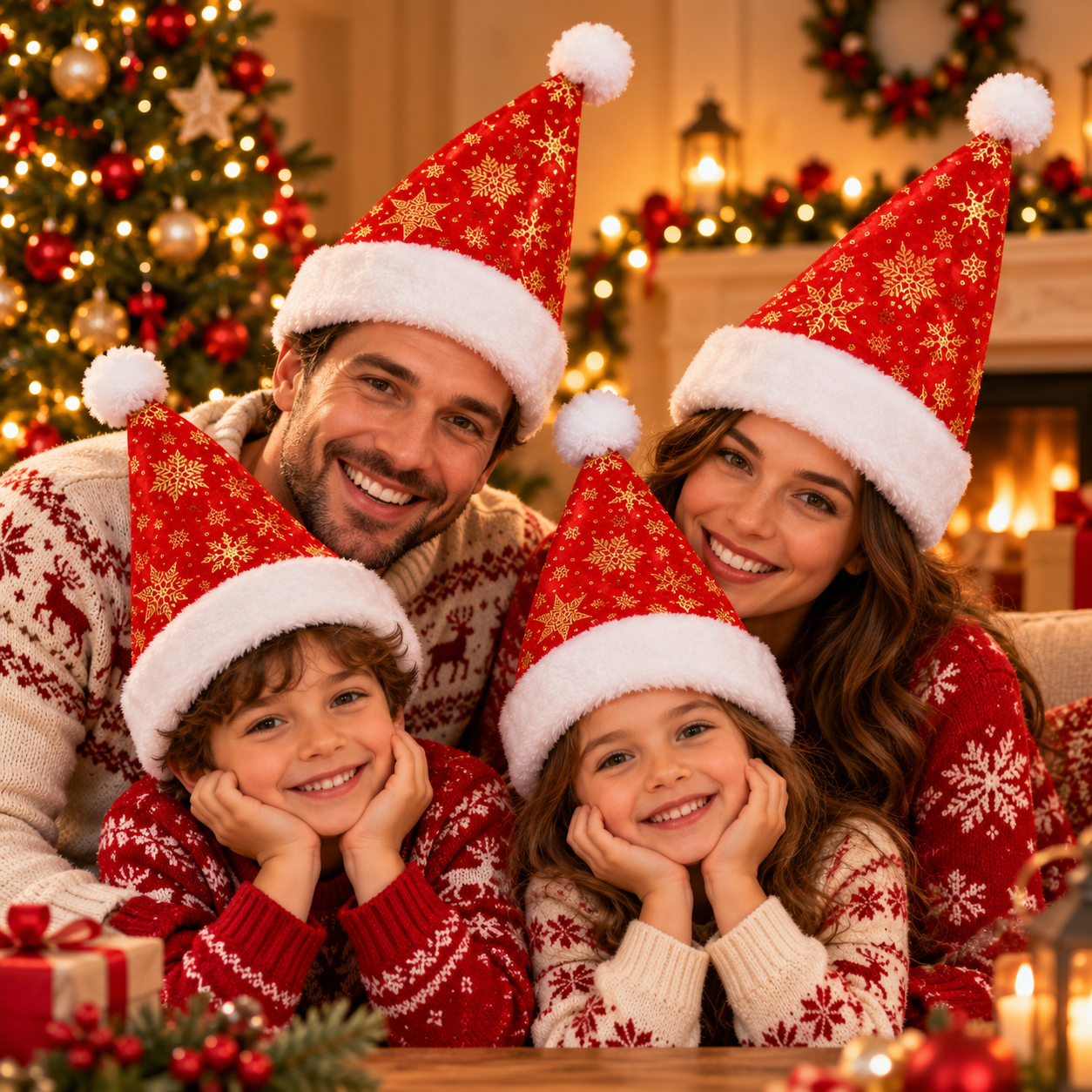 Altın Yaldızlı Kar Tanesi Desenli Lüks Yılbaşı Noel Baba Şapkası