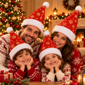 Altın Yaldızlı Kar Tanesi Desenli Lüks Yılbaşı Noel Baba Şapkası
