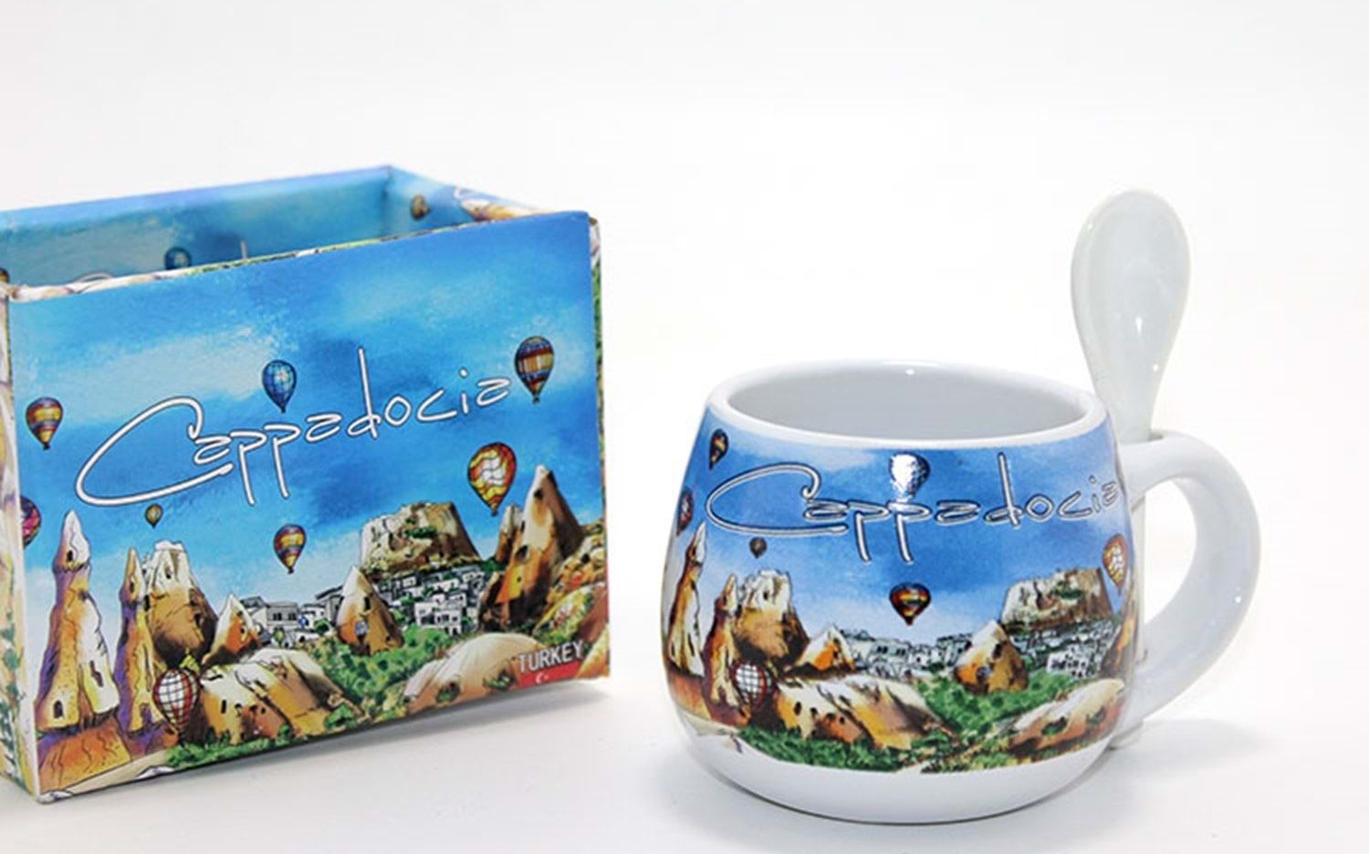 Kapodokya Peri Bacaları Kaşıklı Kahve Fincanı Mavi