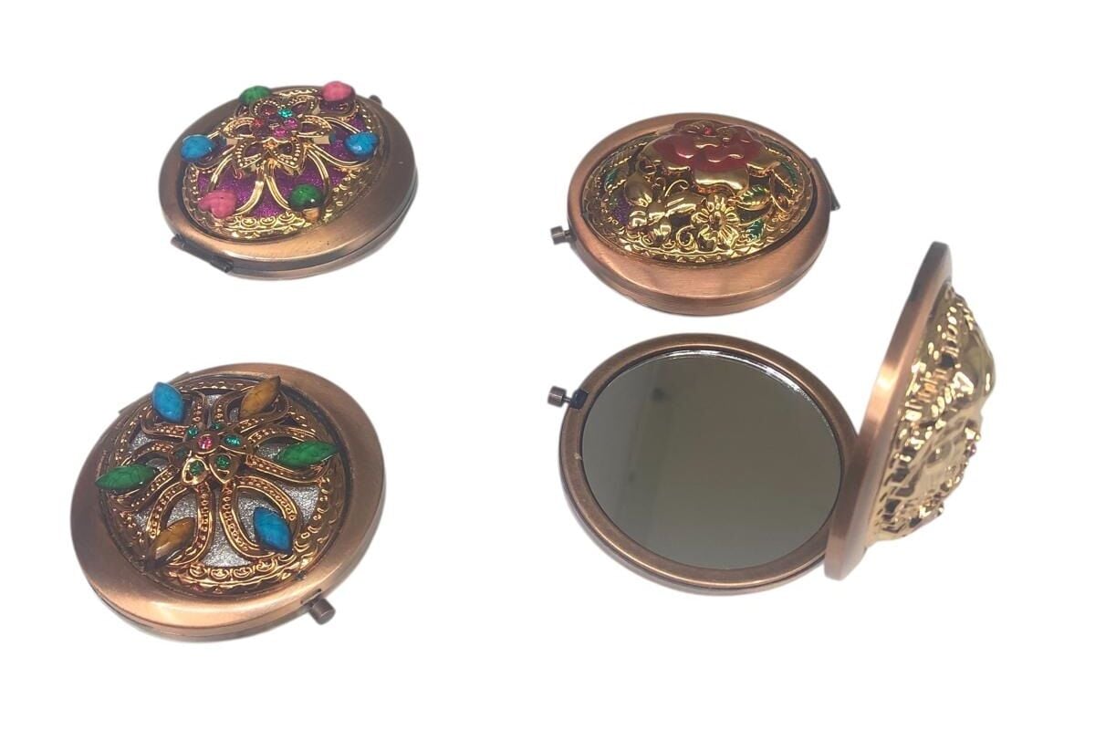 Bronz Metal Üstü Renkli Taşlı Makyaj Aynası