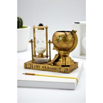 Retro Dünya Küresi Kum Saati Kalemlik ve Sukulent Saksı