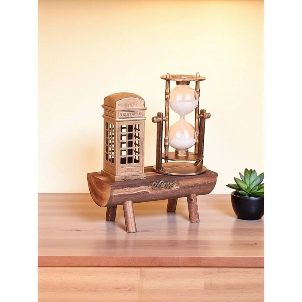 Dekoratif Ahşap Altlıklı Cam Kum Saati Ve Londra Telefon Kulübesi