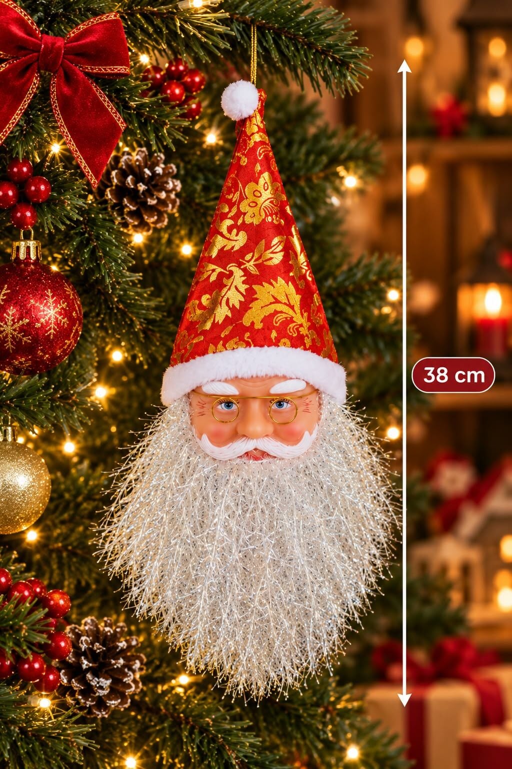Noel Baba Yüzü Altın Desenli Yılbaşı Ağaç Süsü 3 Adet (38cm)