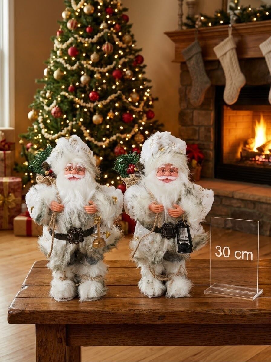 Ayakta Duran Noel Baba Yılbaşı Süsü Kürk Ve Çam Dalı Dekoratif Biblo (30cm)