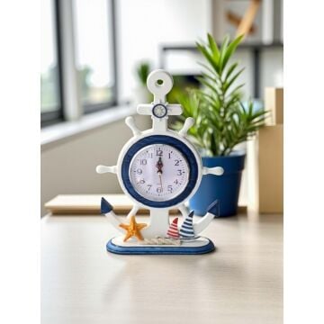 Ahşap Marin Dümen Temalı Çapa Masa Saati