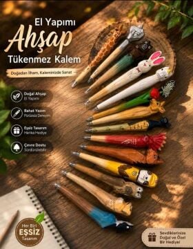 Ahşap Hayvan Başlı Tasarım Tükenmez Kalem
