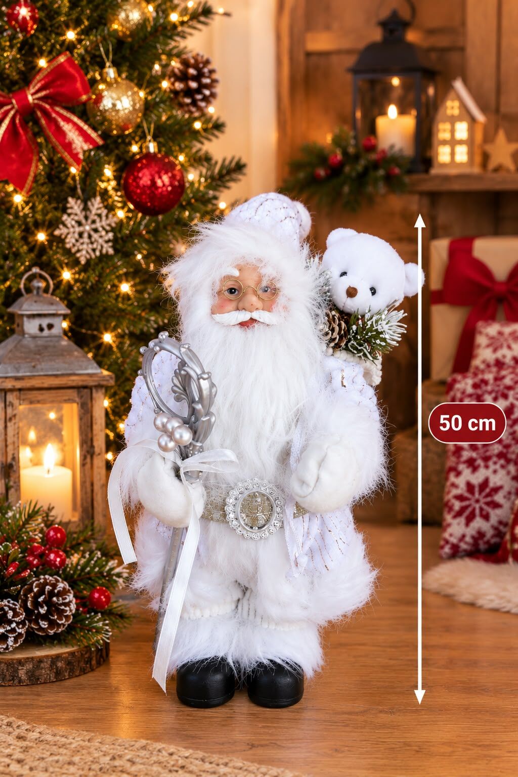 Noel Baba Yılbaşı Süsü Peluş Beyaz Kıyafetli Sakallı (50cm)