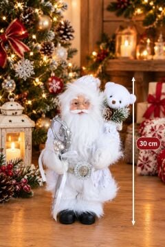 Noel Baba Yılbaşı Süsü Peluş  Beyaz Kıyafetli Sakallı (30cm)