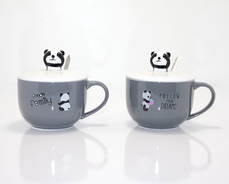 Panda Tasarım Kapaklı Kaşıklı Kupa Bardak (Büyük Boy)