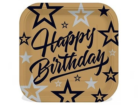 Happy Birtday Gold Kare Karton Tabak (8 Adet)