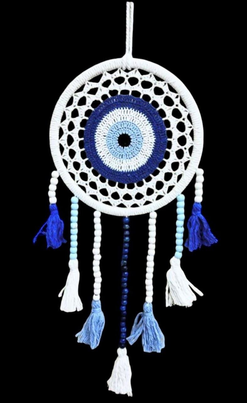 Mavi Beyaz Boncuklu Rüya Kapanı Dream Catcher (60cm x 20cm)