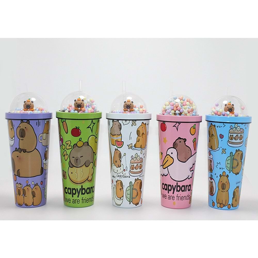 Capybara Desenli Kapaklı Pipetli Boncuklu Kapibara Termos Suluk