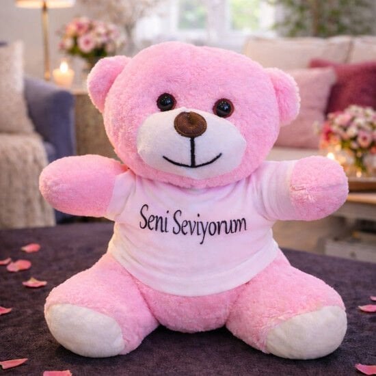Seni Seviyorum Tişörtlü Pembe Peluş Oyuncak Ayıcık