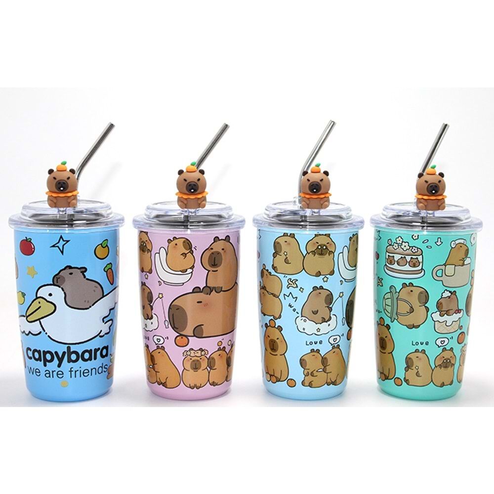 Capybara Desenli Kapaklı Metal Pipetli Kapibara Çelik Kupa