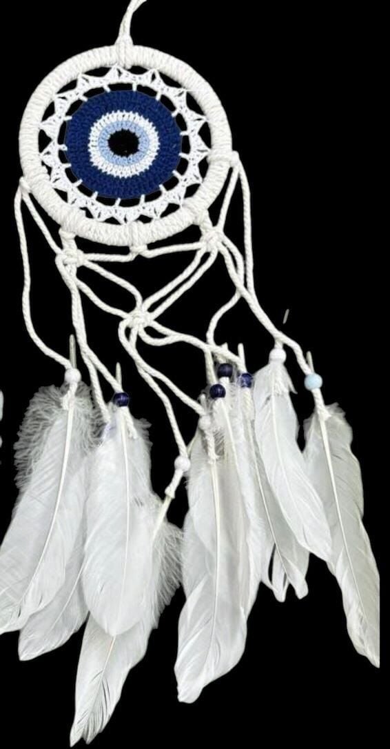 Mavi Boncuklu Beyaz Rüya Kapanı Dream Catcher (45cm x 12cm)