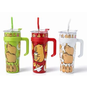 Capybara Desenli Kapaklı Pipetli Kapibara Termos Suluk