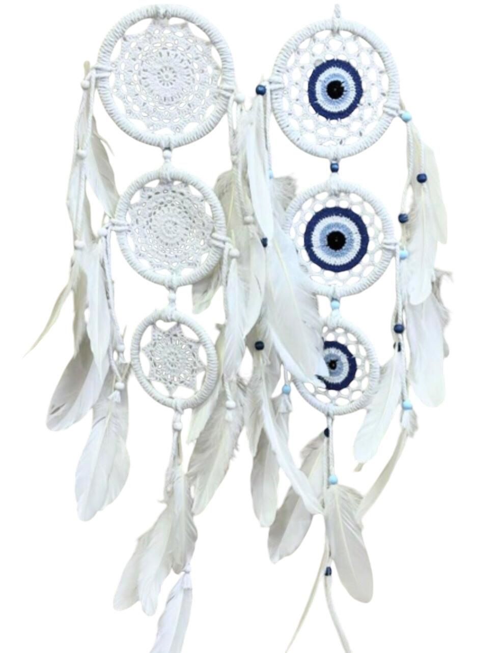 3 Katlı Beyaz Mavi Rüya Kapanı Dream Catcher (70cm x 14cm)