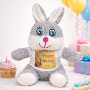 Happy Birthday Tişörtlü Peluş Oyuncak Gri Tavşan