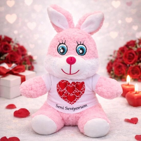 Seni Seviyorum Kalpli Tişörtlü Pembe Peluş Oyuncak Tavşan