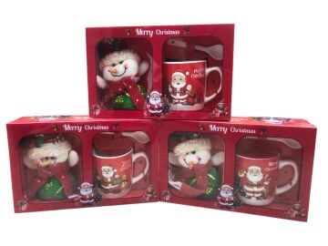 Seramik Yılbaşı Peluş Kardan Adamlı Kaşıklı Kupa Bardak