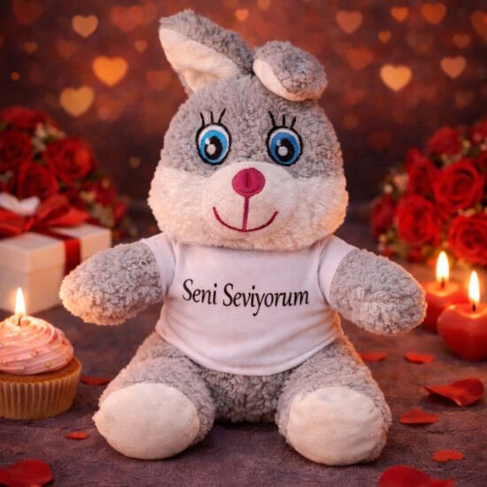 Seni Seviyorum Tişörtlü Peluş Oyuncak Tavşan