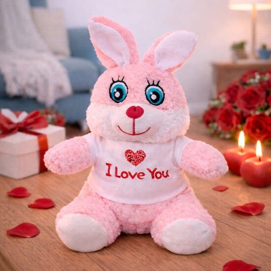 I Love You Tişörtlü Pembe Peluş Oyuncak Tavşan