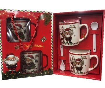 2'li Seramik Hediyelik Kaşıklı Yılbaşı Kupa Bardak